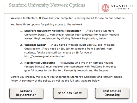 Stanford Network Self-Registration page
