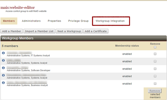 workgroup integration tab in Workgroup Manager