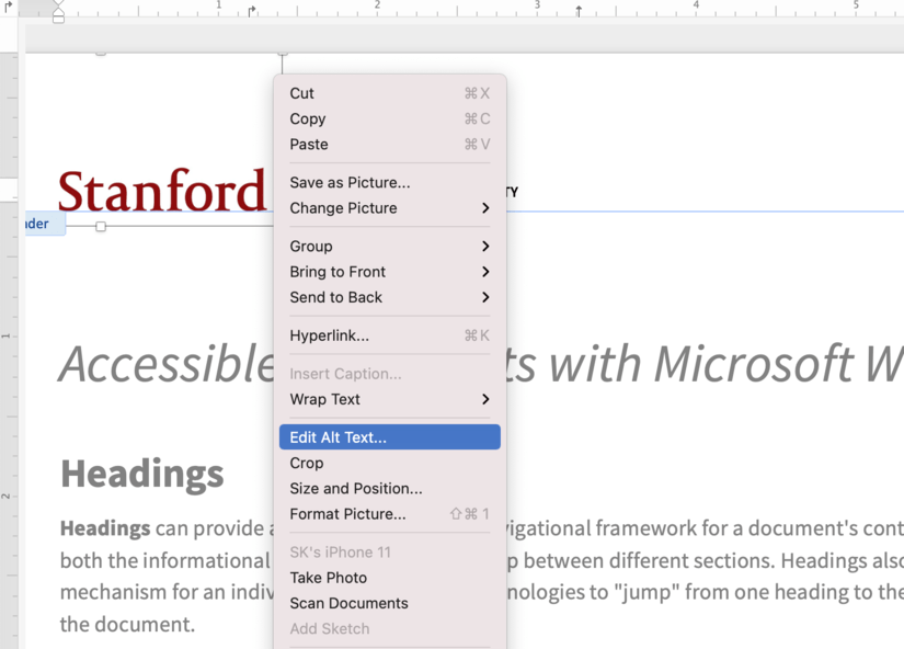 Screenshot Microsoft Word 365 alt text menu