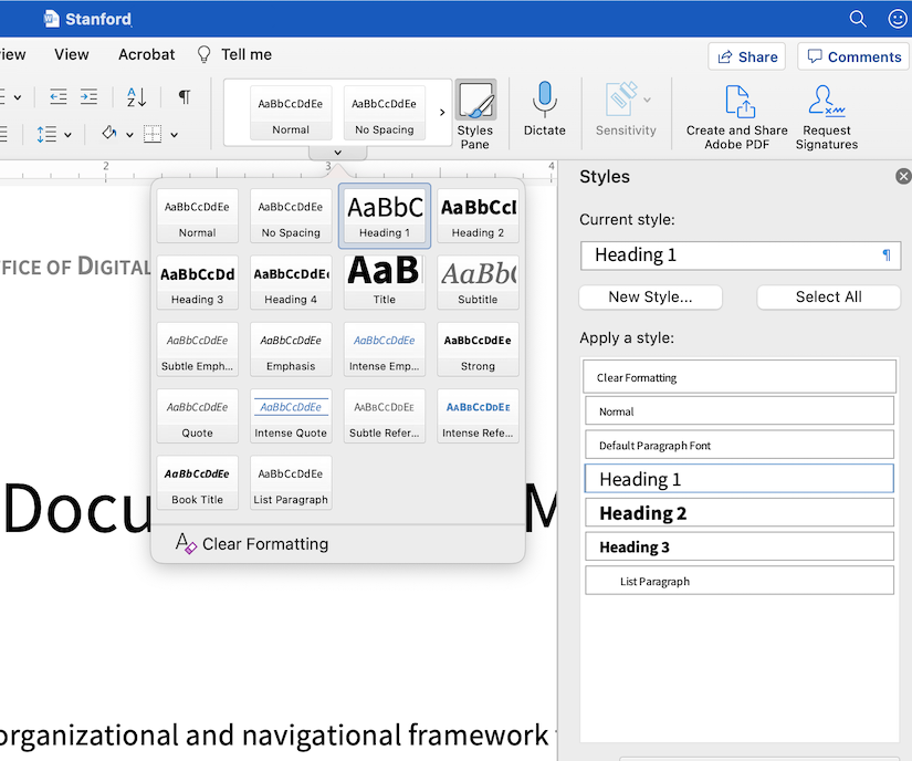 Screenshot Microsoft Word heading style menu