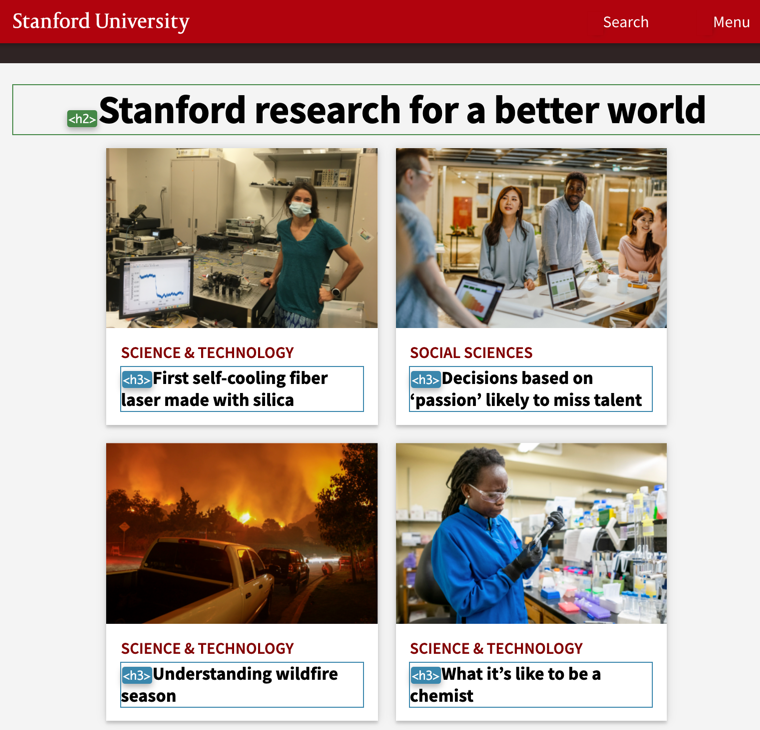 Screenshot of Stanford University website with heading elements identified visually.