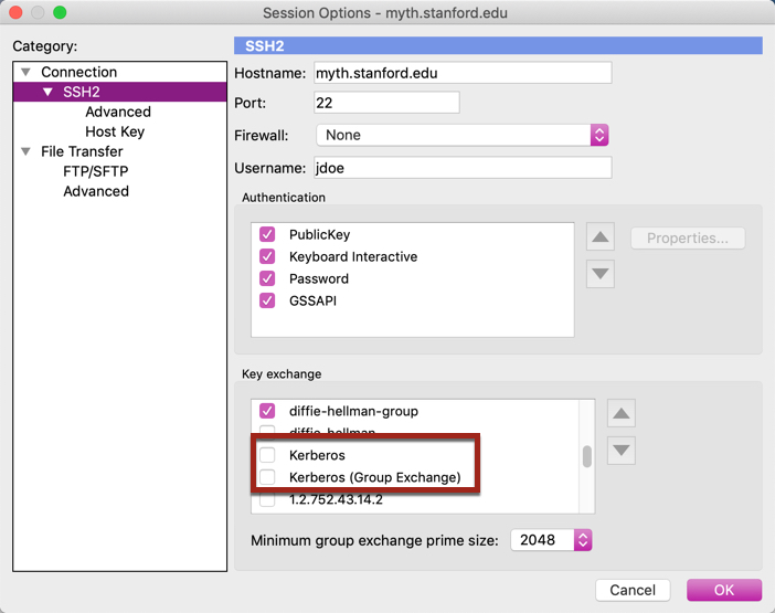Session Options menu with Kerberos, Kerberos (Group Exchange), and the Ok button highlighted.