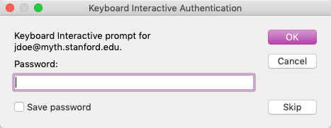 Keyboard Interactive Authentication menu with the Password field and the OK button highlighted.