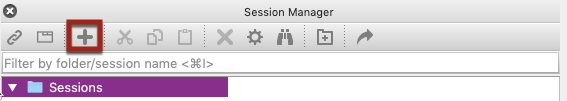 SecureCRT Session Manager with the plus symbol highlighted.
