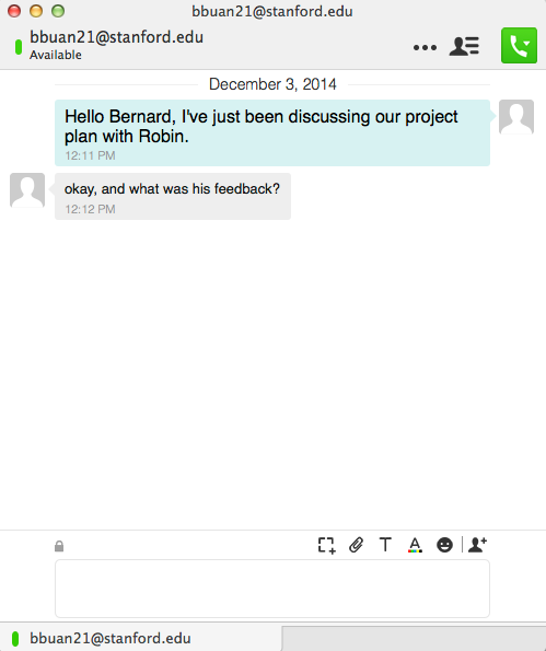 Sample chat window says "Hello Bernard, I've just been discussing our project with Robin"