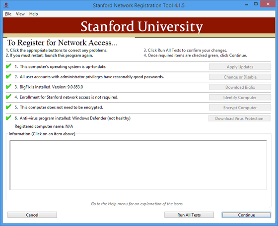 Stanford Network Registration Tool main window