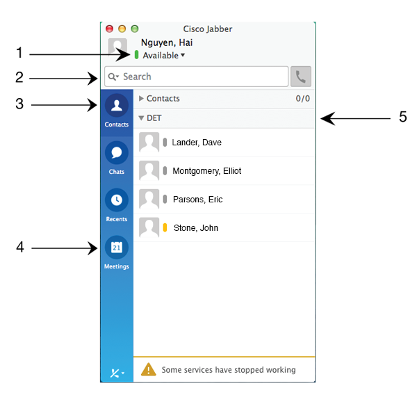 Sample hub window shows status messages, search bar, contacts, meetings