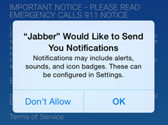 The following message appears "'Jabber' Would Like to Send You Notifications." Tap OK. 