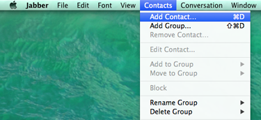 From the Jabber application menu, click Contacts > Add Contact. The Add Contact window opens.