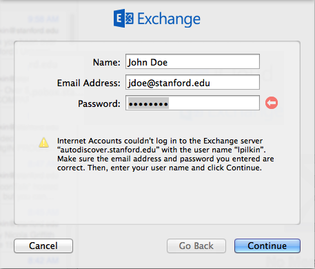message saying you could not log in to Exchange server