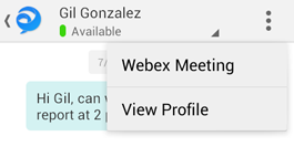 The chat menu has options to join a webex meeting or view the profile of the person with whom you're chatting