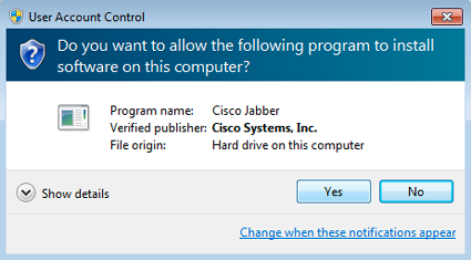 Do you want the following program to install software on this computer? Click Yes to install Jabber.