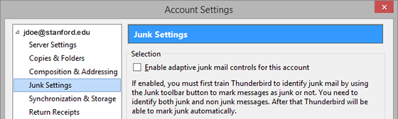 disable adaptive junk mail controls