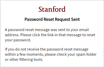 Password reset request sent message