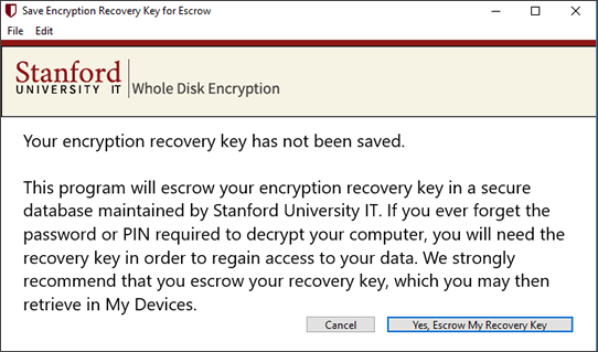 prompt to save your recovery key in a secure database