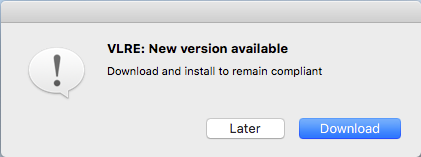 message notifying you that a new version of VLRE is available