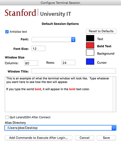 default session options window