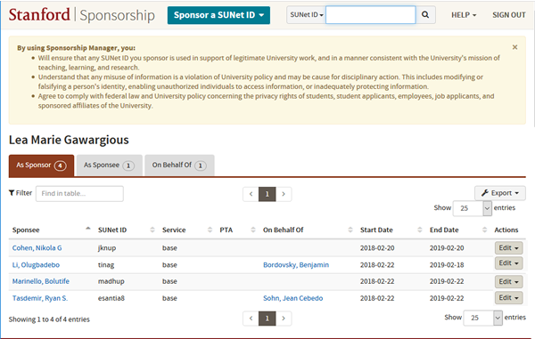Sponsorship dashboard with tabs to select whether you want to view sponsorships As Sponsor, As Sponsee, and On Behalf Of