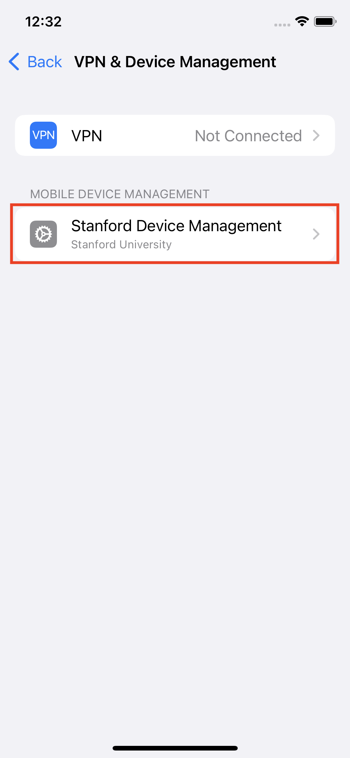 VPN and Device Management Menu with Stanford Device Management highlighted