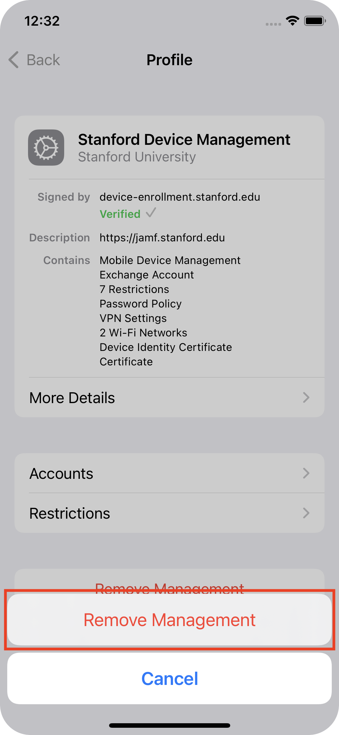 Remove Management highlighted second time after entering passcode