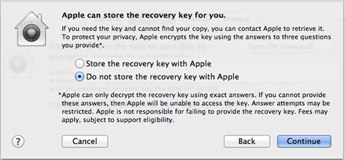 do not let Apple store you recovery key