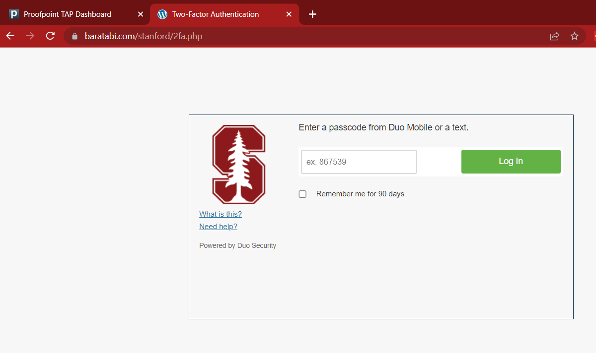 Fake Stanford Two Factor Authentication Page
